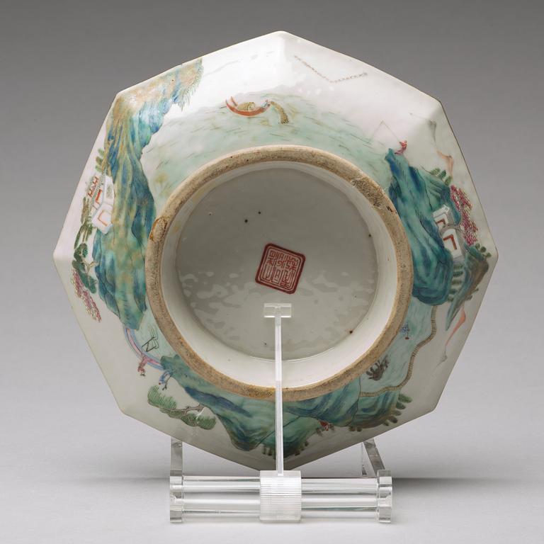 A famille rose lotus and bats dish, Qing dynasty, 19th Century.