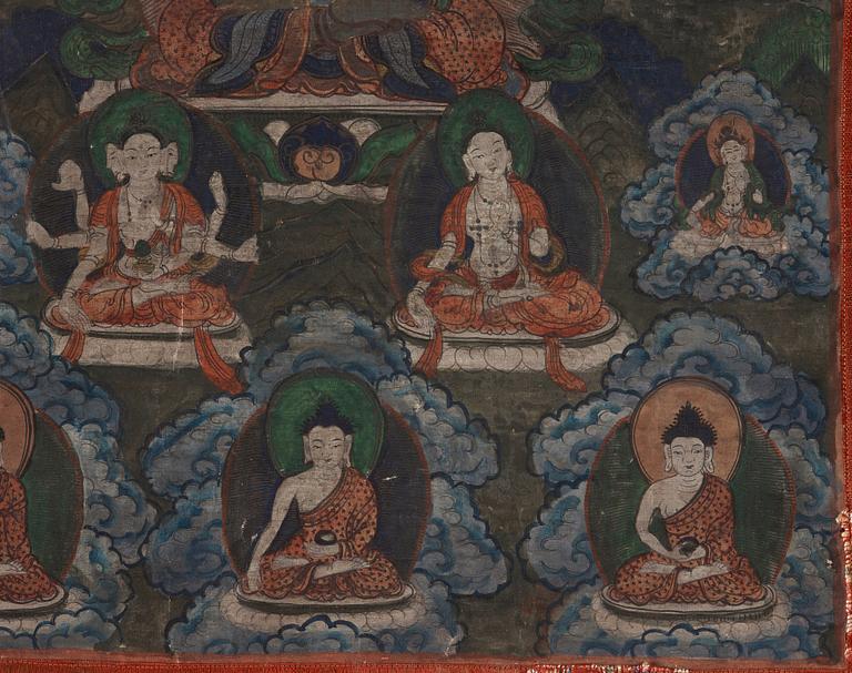 THANGKA (2), Bodhisattvas omgivna av buddhistiskt panteon, Beijing School, 1920-tal.