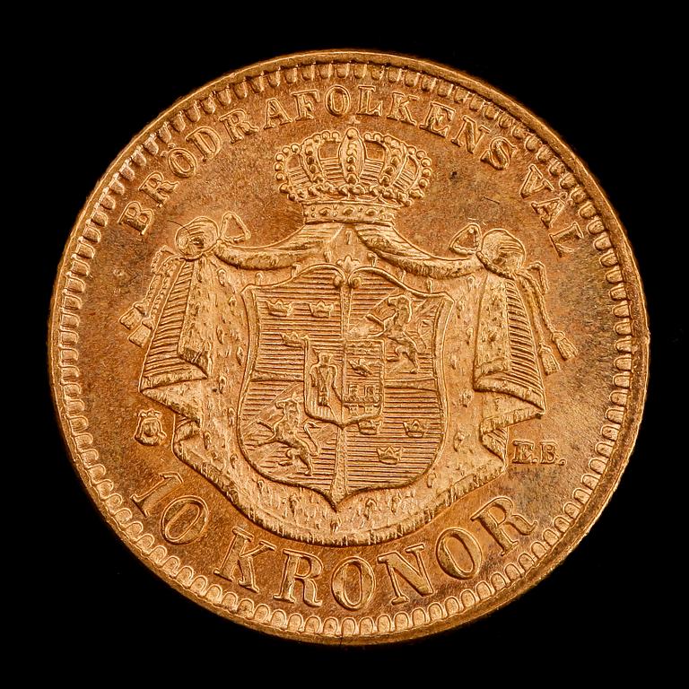 GULDMYNT, Oscar II, 10 kr, 1883. Vikt ca 4 g.