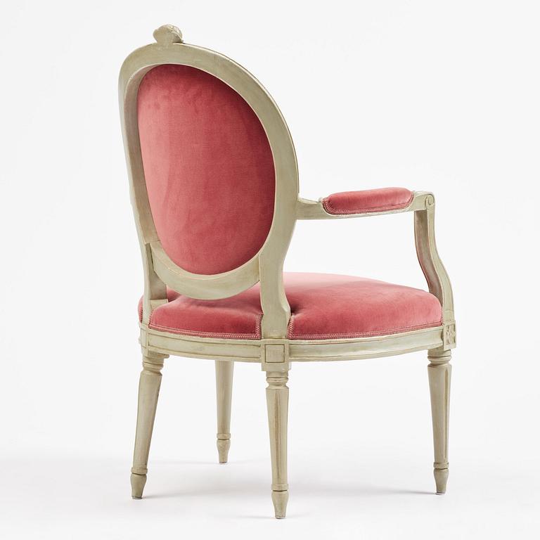 A Gustavian open armchair by J. Malmsten (master in Stockholm 1780-88).