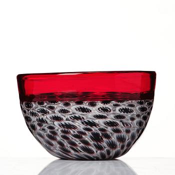 Riccardo Licata, a red glass "lattimo and black wheel murrine" bowl, model 3613, Venini, Murano, Italy, probably 1950's.