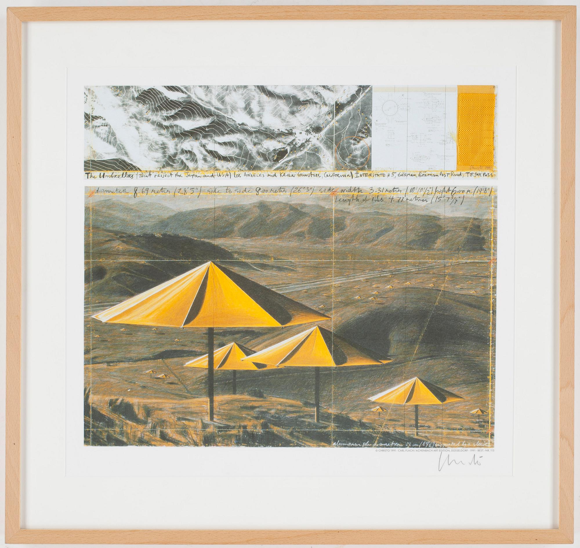 CHRISTO, 2,st, färgoffset med tygkollage, 1999, signerad, tryckt av Domberger och med deras blindstämpel.