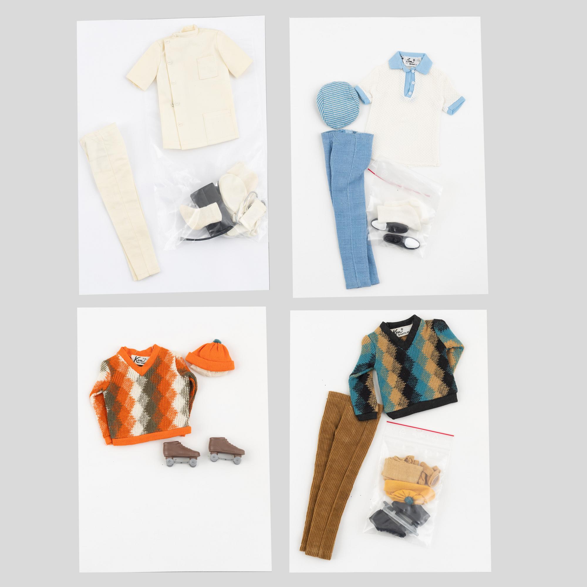 Clothing sets, Ken, 4 pcs, including "Dr Ken, 793" & "Ken, Holiday, 1414", Mattel, 1960s.