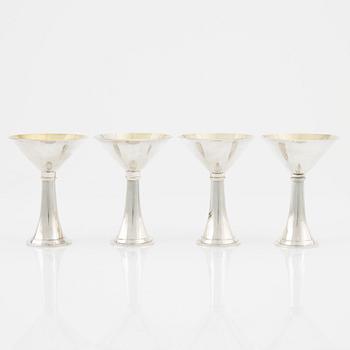 Tillbringare och martiniglas, 4 st, silver, HB Persson, Stockholm, 1953.