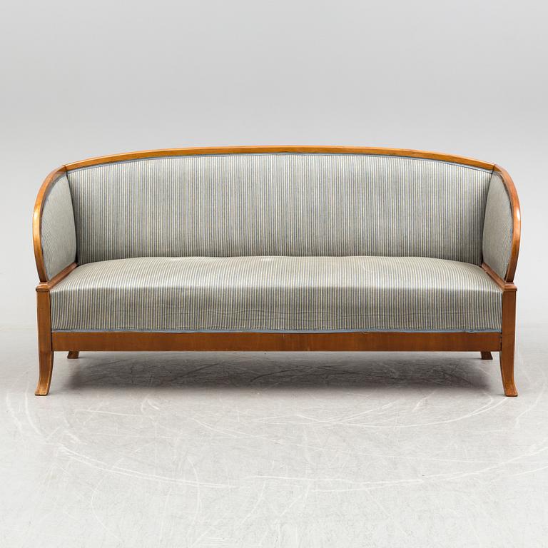 SOFA, TABLE AND FIVE CHAIRS, mid 20th century.