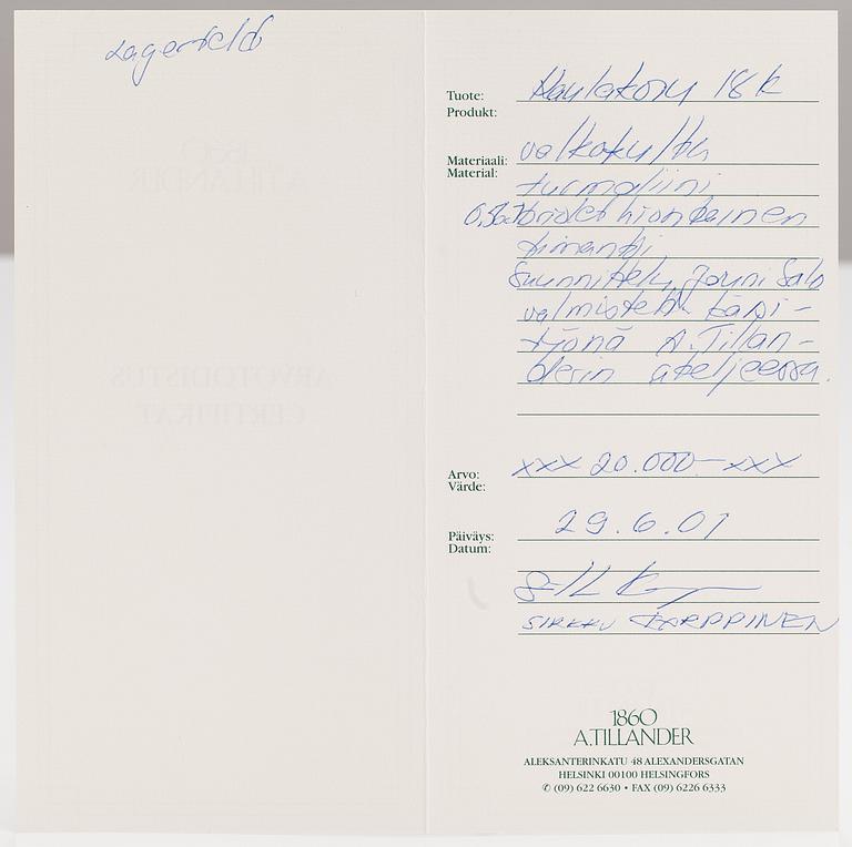 A Tillander, An 18K white gold collier with a tourmaline and a briolet cut diamond ca. 0.56 ct. Helsinki 2001.