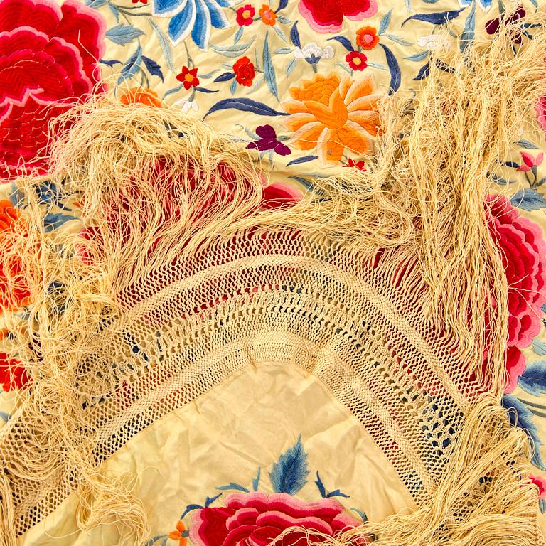 A 1920's Chinese silk embroidered shawl ca 156 x 156 without fringes.