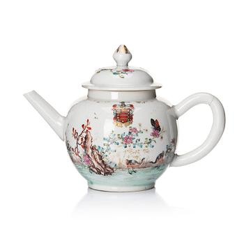 1071. A famille rose armorial tea pot with cover, Qing dynasty, Qianlong (1736-95).