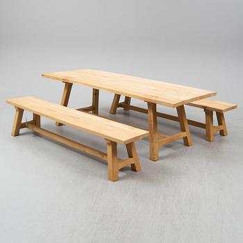 A contemporary oak table and two benches from Garbo Interiors.