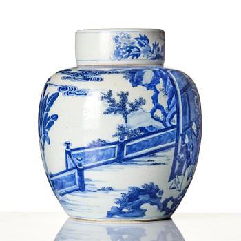 A finely painted blue and white jar with cover, Qing dynasty, 19th century. The cover, 17th century.