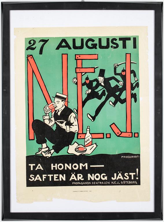 FÖRBUDSAFFISCH, Alfred Proessdorf, utgiven av Propagandacentralen N.E.J, Göteborg, tryckta hos A. Lindgren & Söner, 1922.