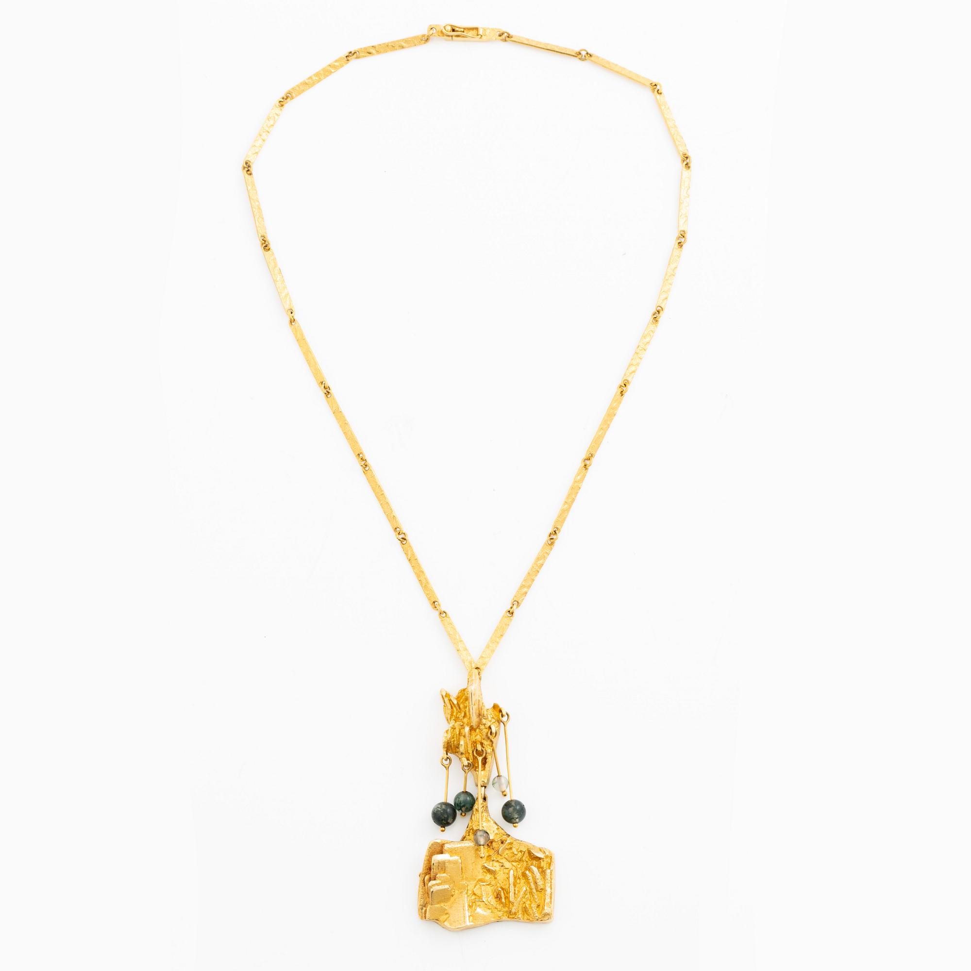 Björn Weckström, a necklace "Rain in the mountains", 18K gold with moss agate, Finland. For Lapponia.