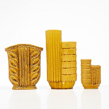 Gunnar Nylund, vaser, 3 st, chamotterat stengods, Rörstrand 1930-40-tal.