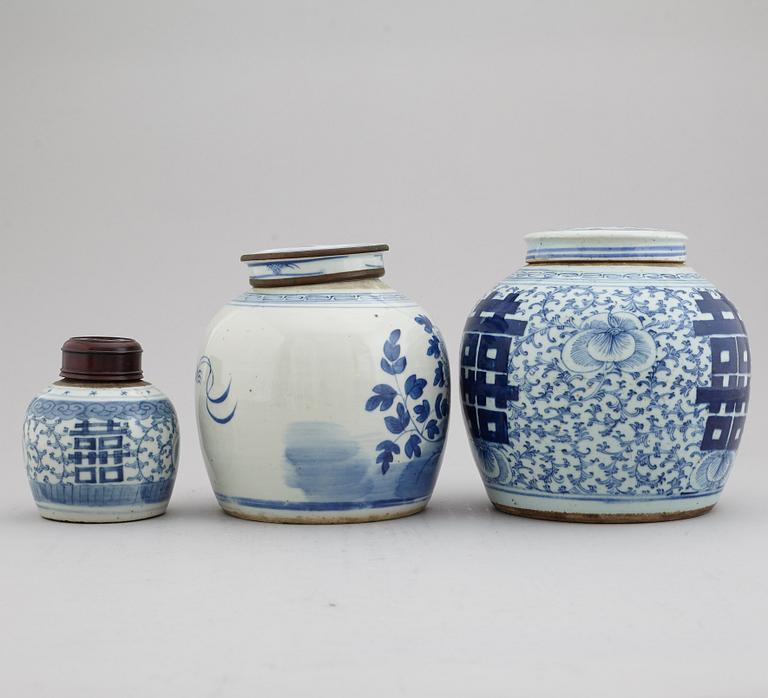 A set of three odd blue and white jars, late Qing dynasty, 19th Century.