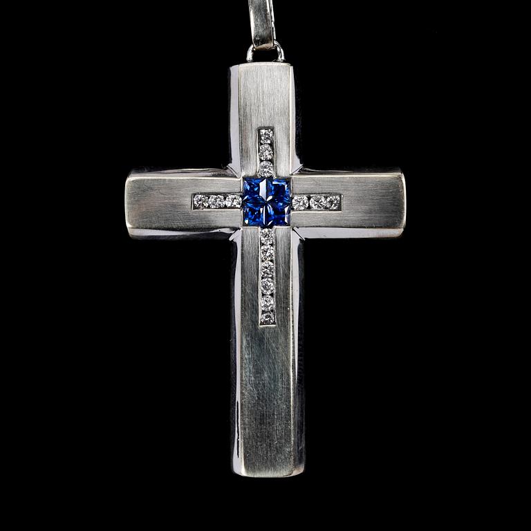 PENDANT, carré cut blue sapphires and brilliant cut diamonds, tot. app. 0.30 cts.