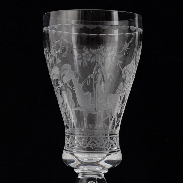 Vicke Lindstrand, eleven "Dalecarlia" wine glasses, Kosta, Sweden.