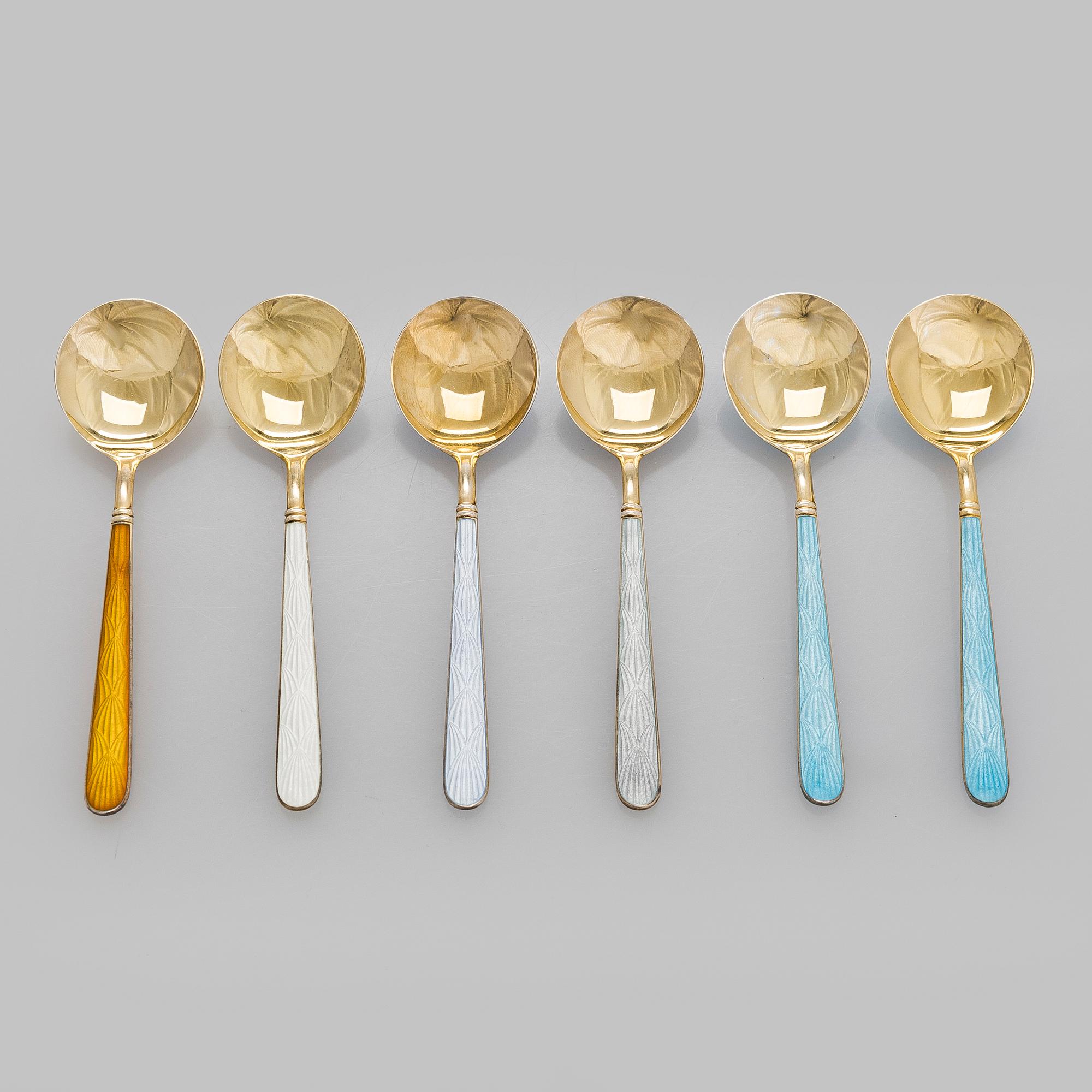 Tillander,a set of six enamel and gilded silver ice-cream spoons, Helsinki 1961.