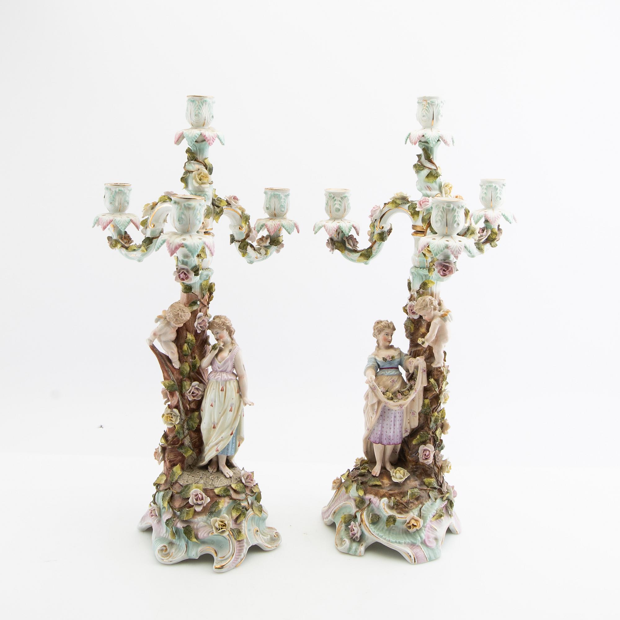 Candelabras a pair Rococo style Germany mid-20th century porcelain.