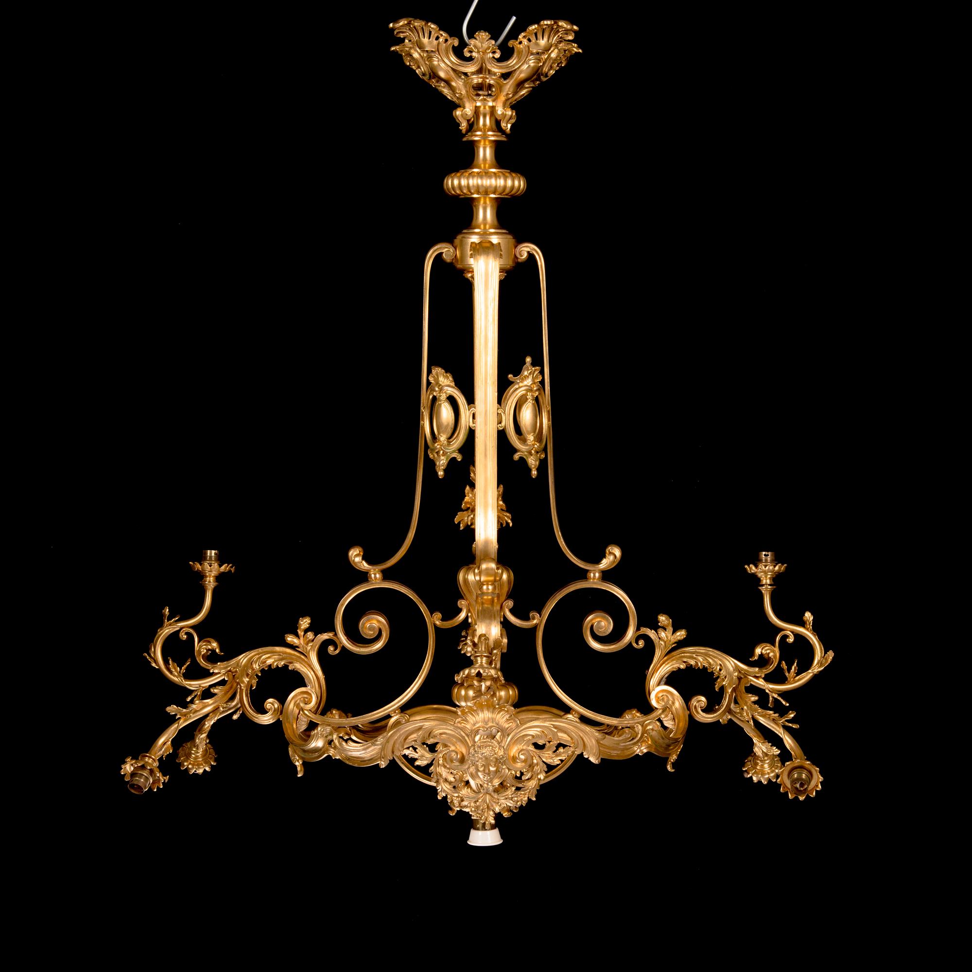 Ferdinand Barbedienne, A signed and gilded bronze chandelier from second half of the 19th century. Height 115 cm.
