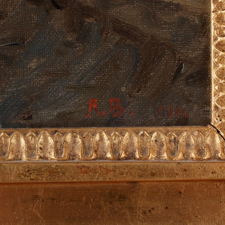 OKÄND KONSTNÄR, olja på pannå, monogramsignerad AB samt otydligt signerad.