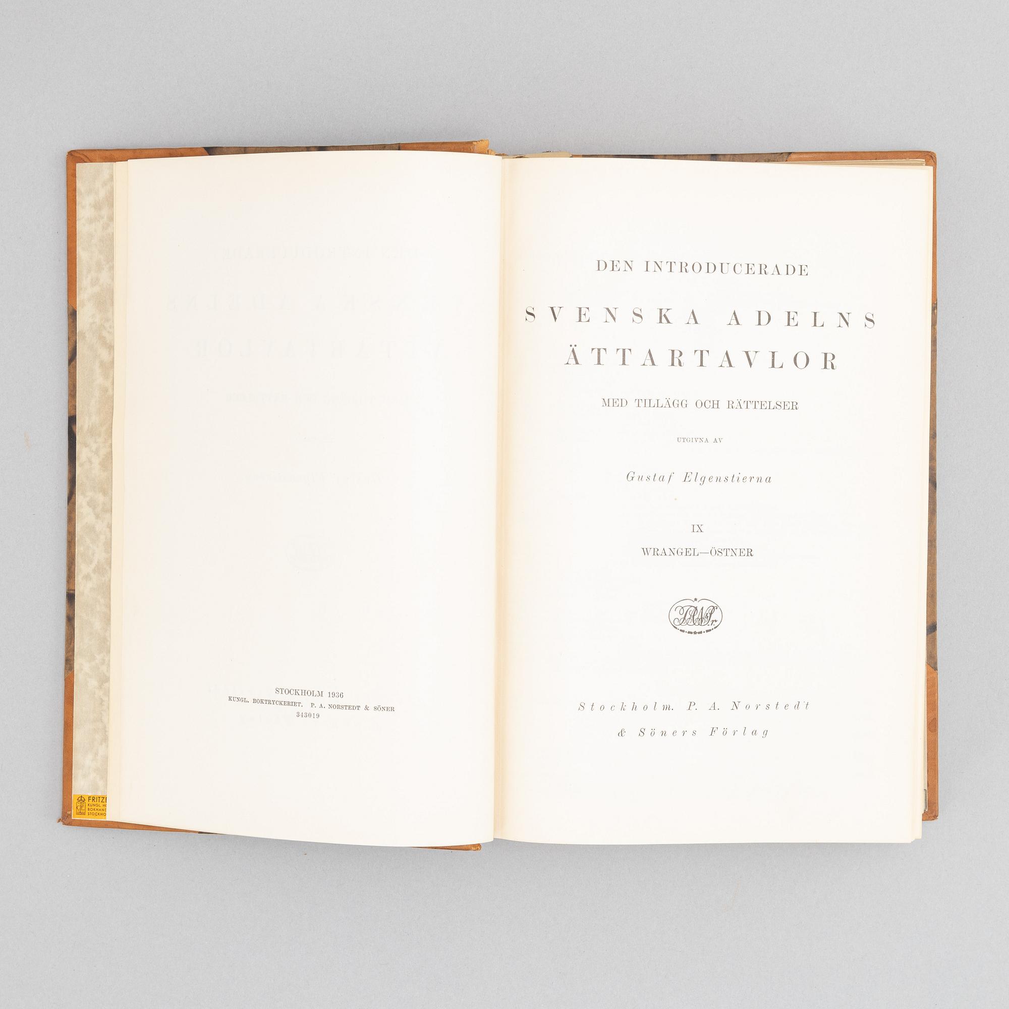 Nine volumes of Gustaf Elgenstiernas 'Den introducerade svenska adelns ättartavlor', Stockholm, 1925-36.