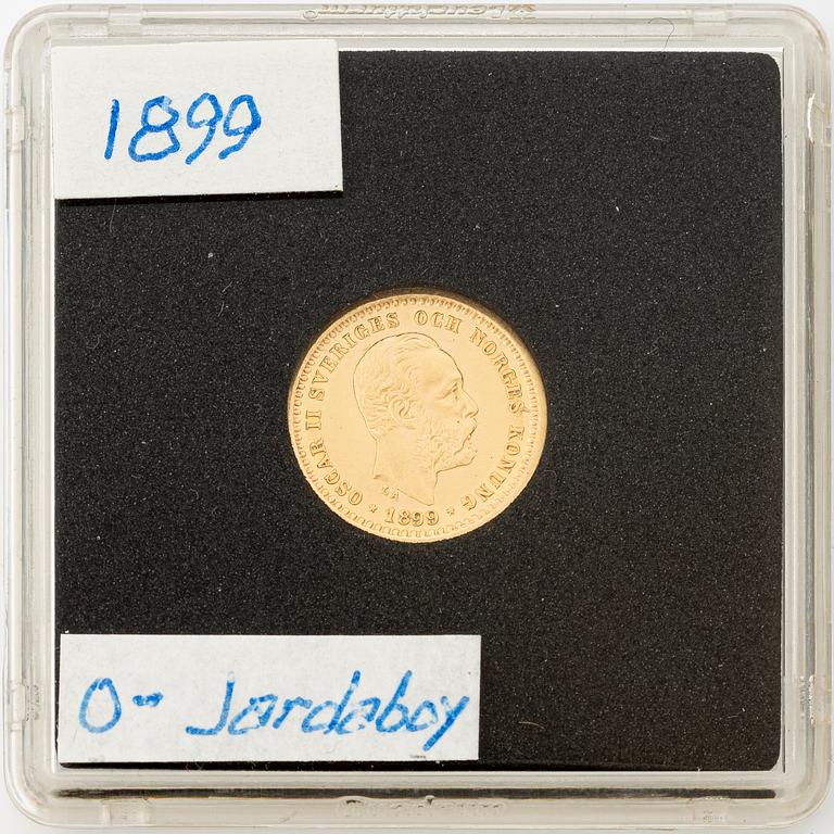 Guldmynt, Oscar II, 5 kronor, typ I, Sverige 1899.