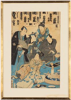 Three woodblock prints, including Utagawa Kunisada II and Toyoharu Kunichika, Japan.