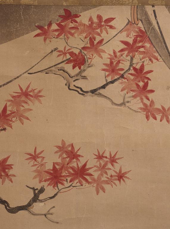 A Japanese hanging scroll, ink and color on paper, 19th Century. Unidentified artist, two later applied seals in red.