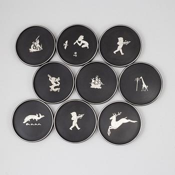 TIDDIT WENDT, Coasters, 9 st, platina och isolit, Perstorp, 1950-tal.