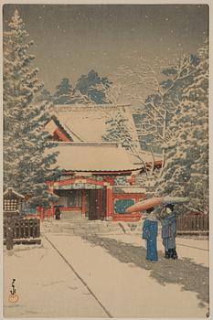 Kawase Bunjiro Hasui, Snow at Hie Shrine (Shato no yuki . Hie Jinja), Showa period, 20th century.