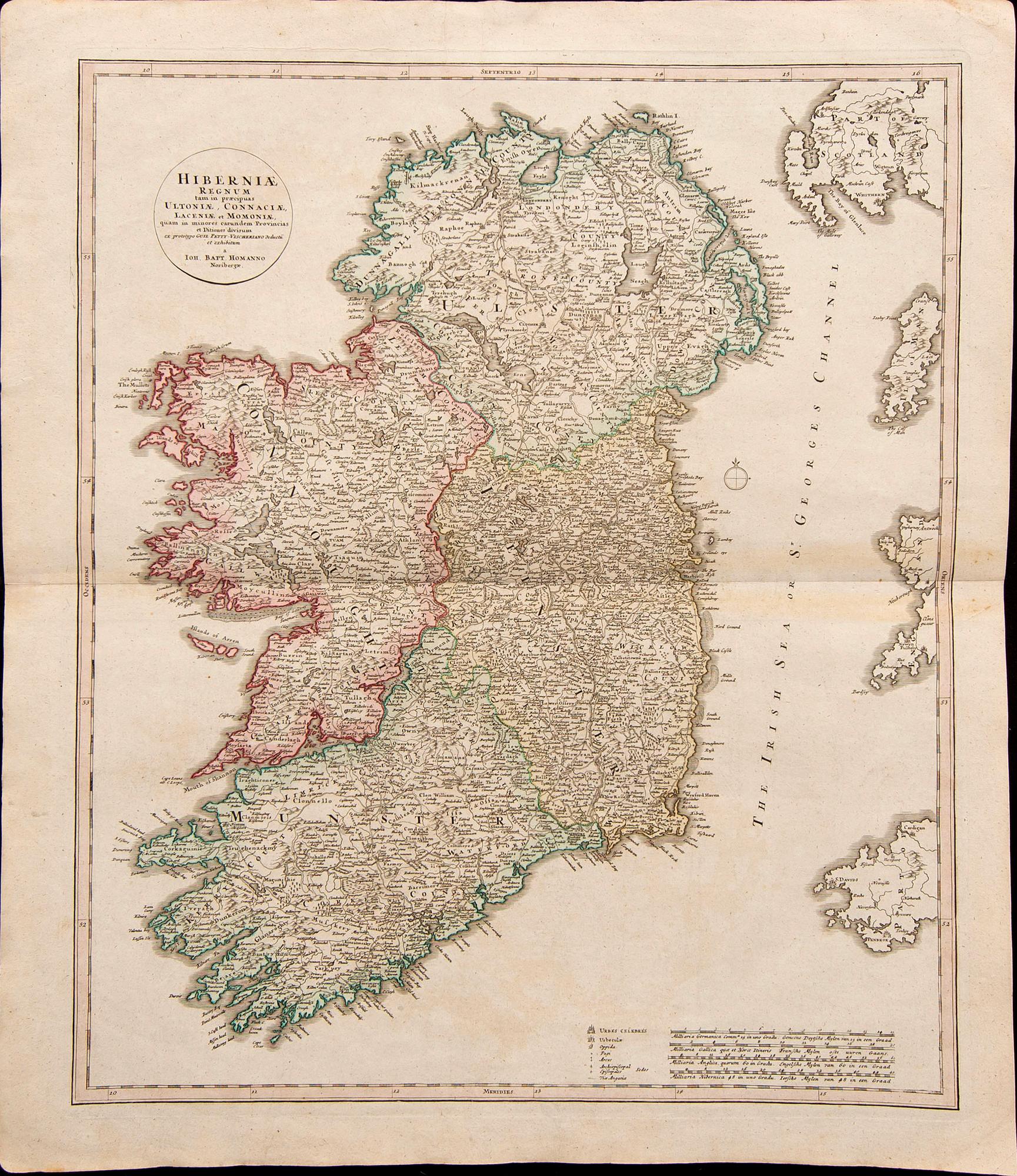 Johann Baptist Homann after, map Ireland, hand colored copper engraving, Nürnberg 18th Century latter part / 19th early.