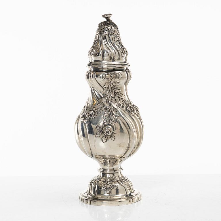 Sugar caster, silver, Rococo style, import mark CG Hallberg, Malmö 1935.