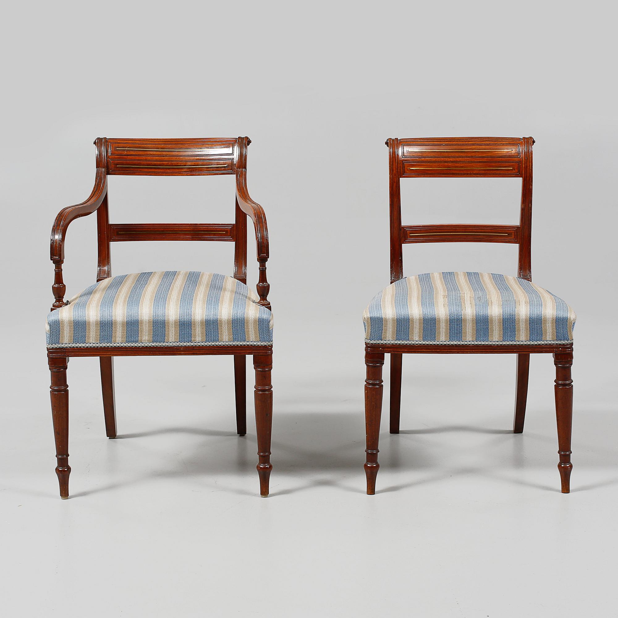 KARMSTOLAR, ett par, samt STOLAR, 4 st, England, 1800-talets första hälft.