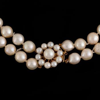 A two strand cultured pearl necklace.