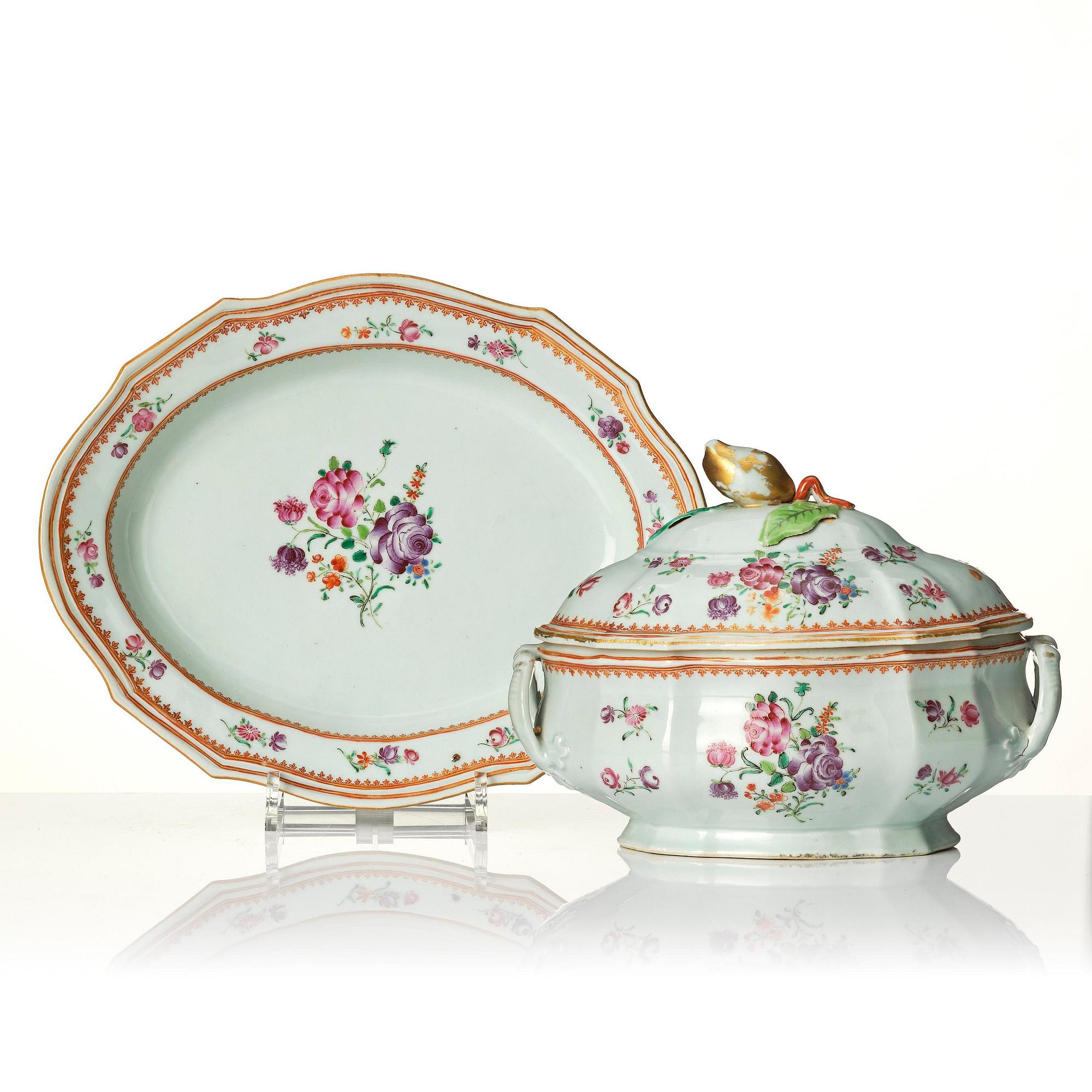 A famille rose tureen with cover and stand, Qing dynasty, Qianlong (1736-95).