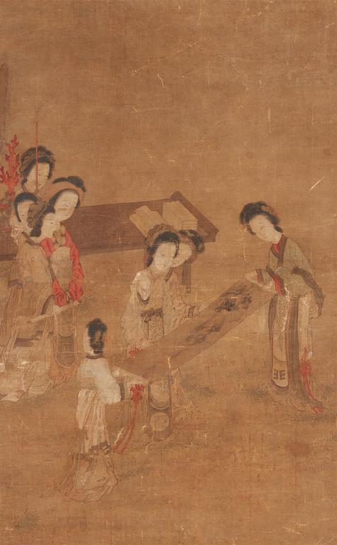 A painting of court-ladies admiring scroll paintings. Qing dynasty, presumably 18th Century.