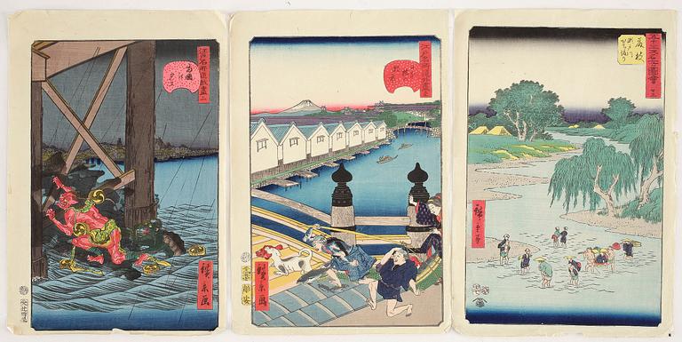 TRÄSNITT, 3 st. Japan. Hirokage samt Hiroshige, 1800-talets andra hälft.