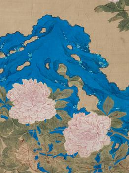 A large hanging scroll of flowering magnolias and peonies, by an unidentified artist, late Qing dynasty (1644-1912).