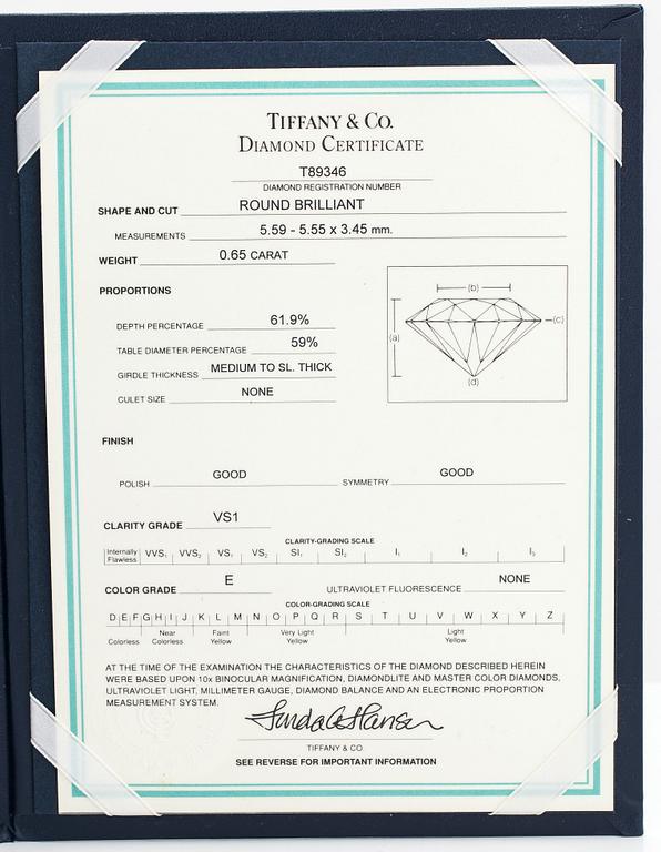 Tiffany & Co, sormus, platinaa ja timantti 0.65 ct.