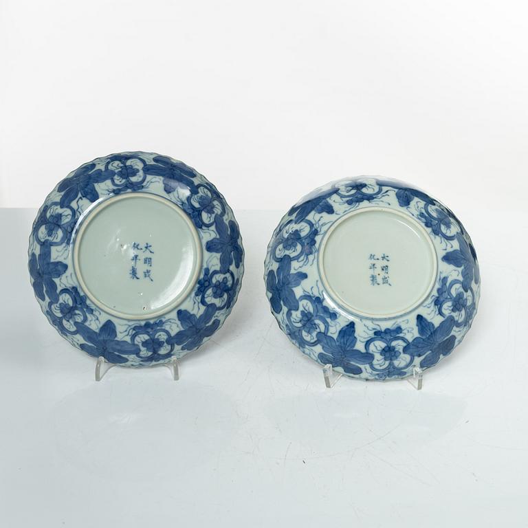 A pair of Chinese blue and white porcelain dishes, Qing dynasty, 19th century.