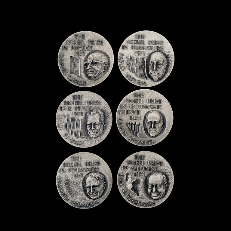 A SET OF SIX SILVER COLLECTORS COINS, Nobel Price Winners 1971 from Sporrong, Sweden.