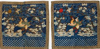 A pair of rank kesi civil official's rank badges with mandarin ducks, Qing dynasty, 19th Century.