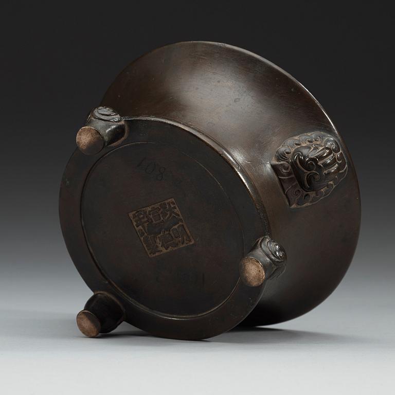 A bronze tripod censer, Ming dynasty (1368-1644) with Xuande six charachter mark.