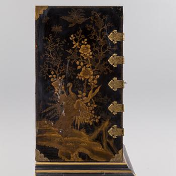 AN early 18TH CENTURY PROBABLY ENGLISH Japanned laquer cabinet on stand.