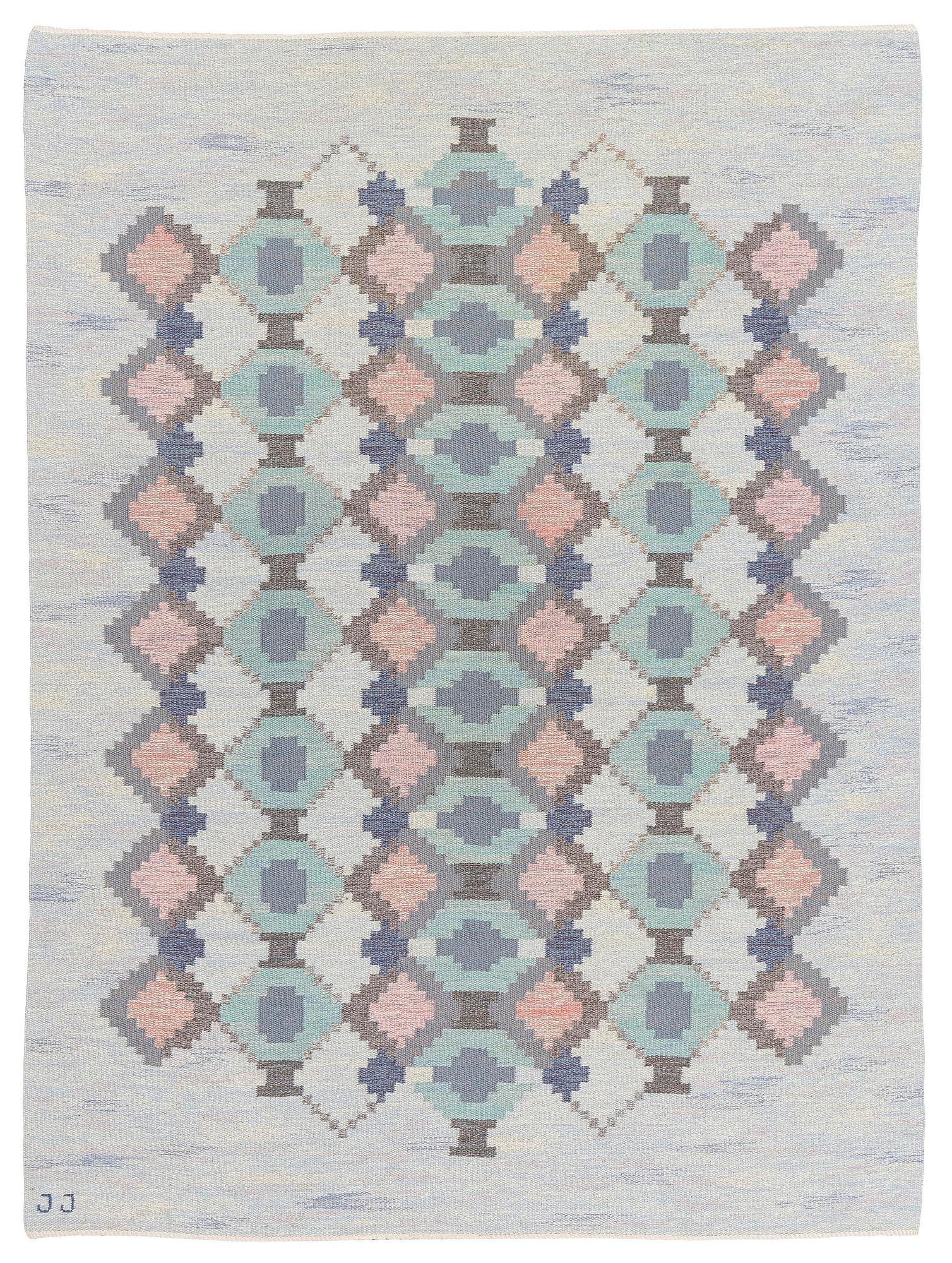 Judith Johansson, a carpet, 'Myosotis' ('Forget-me-not'), flat weave, c. 278 x 205 cm, signed JJ.