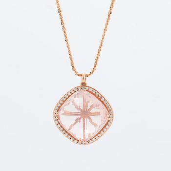 Checker-cut rose quartz and brilliant-cut diamond necklace.