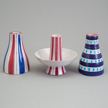 STIG LINDBERG, ljusstakar, 3 st, keramik, fajans 1940-tal, bl a fajansmålare Karin Gustavsson.