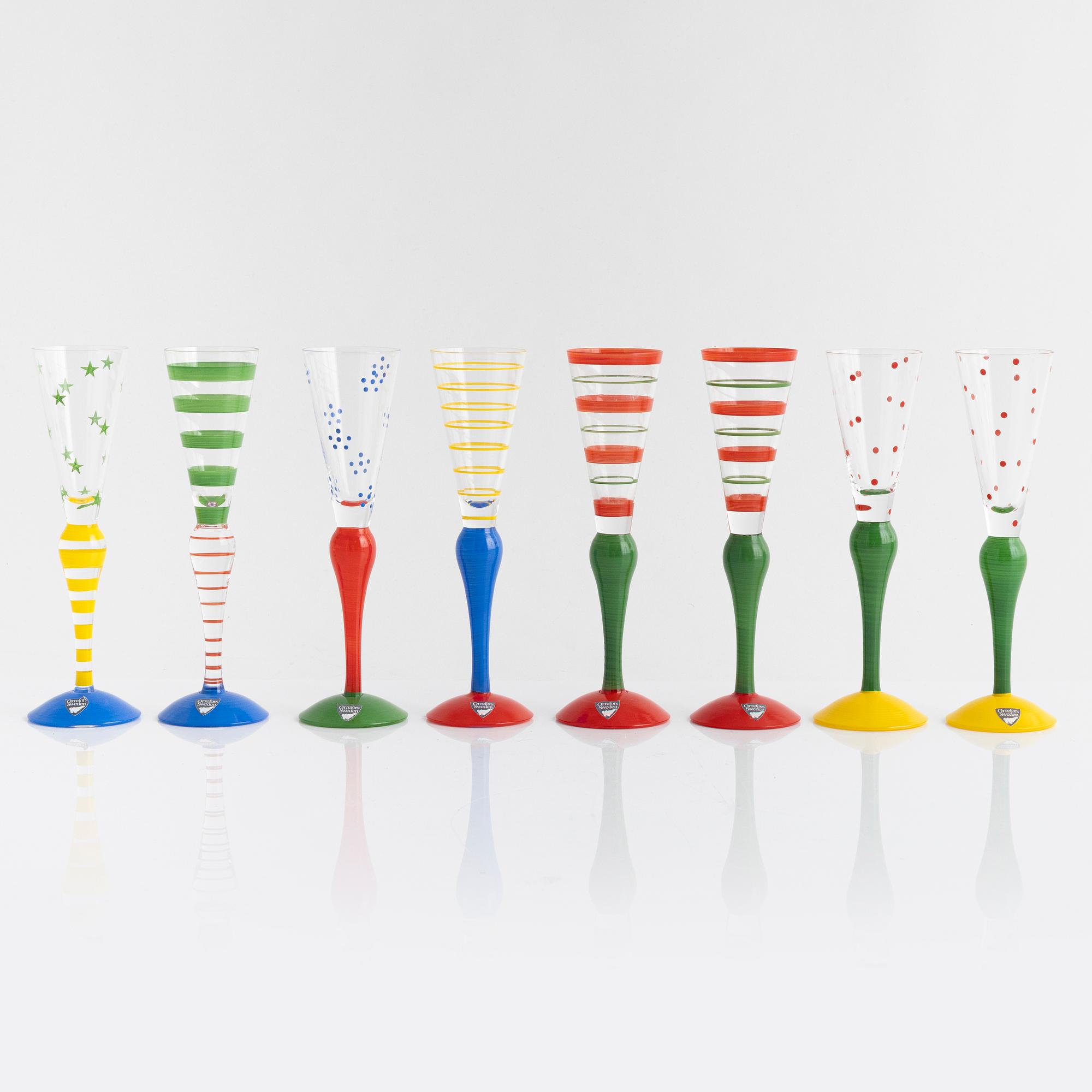 Anne Nilsson, eight 'Clown' aquavit glasses, Orrefors, Sweden.