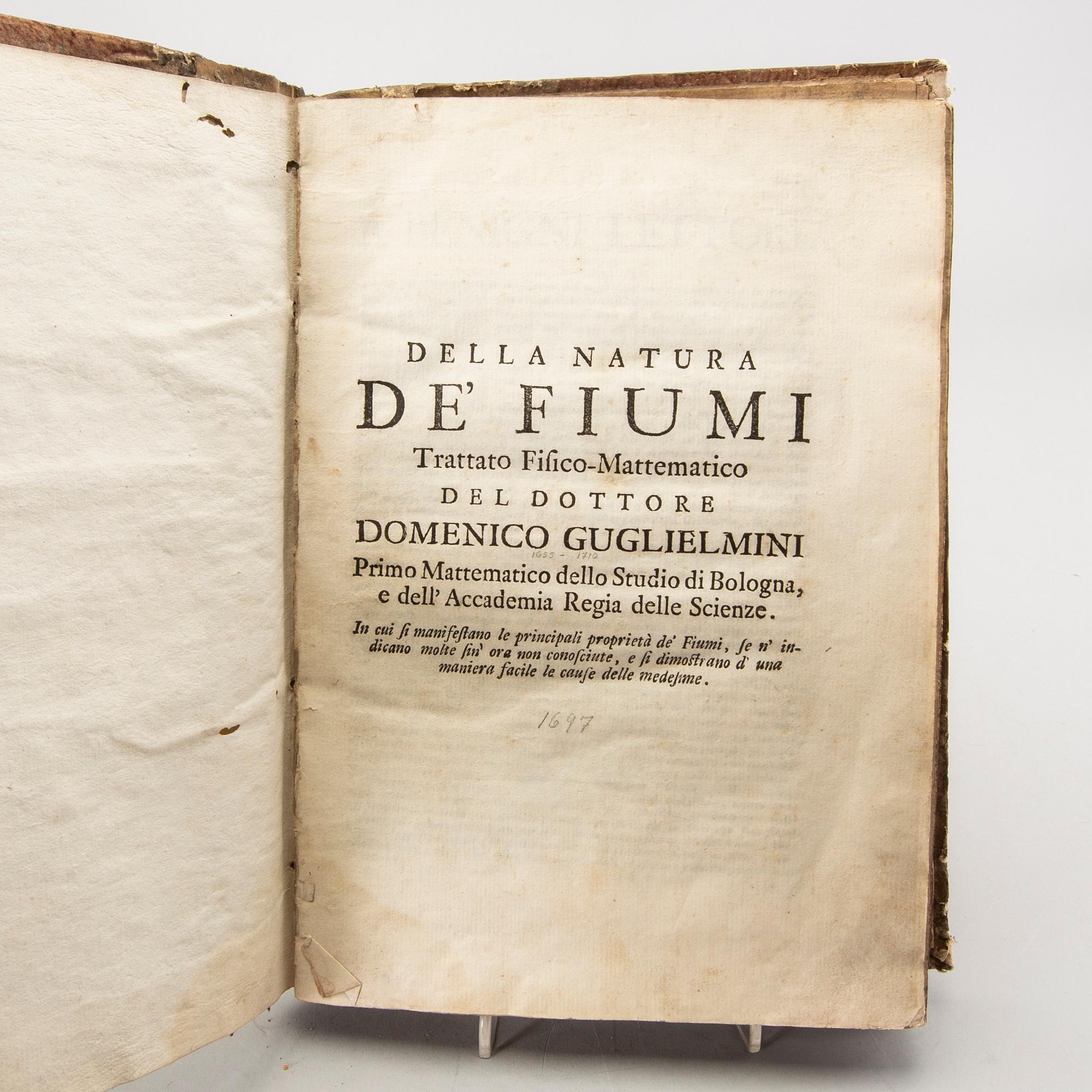 Domenico Guglielmini, book, hydrologiy, Bologna 1697, 15 engravings.