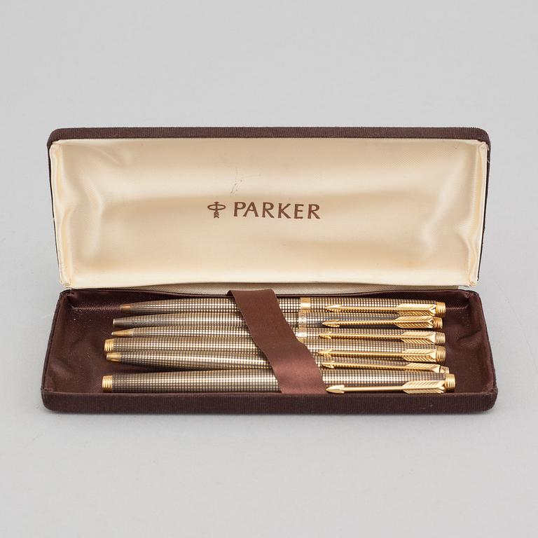 Six silver pens from Parker, USA, partly gilded, 20th century.